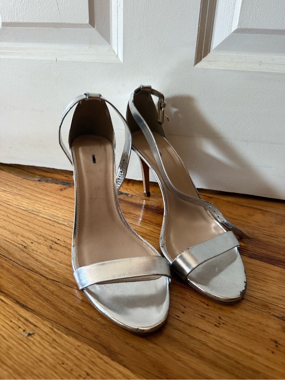 J.Crew Made in Italy Silver Metallic Leather Ankle Strap Heels Size 11